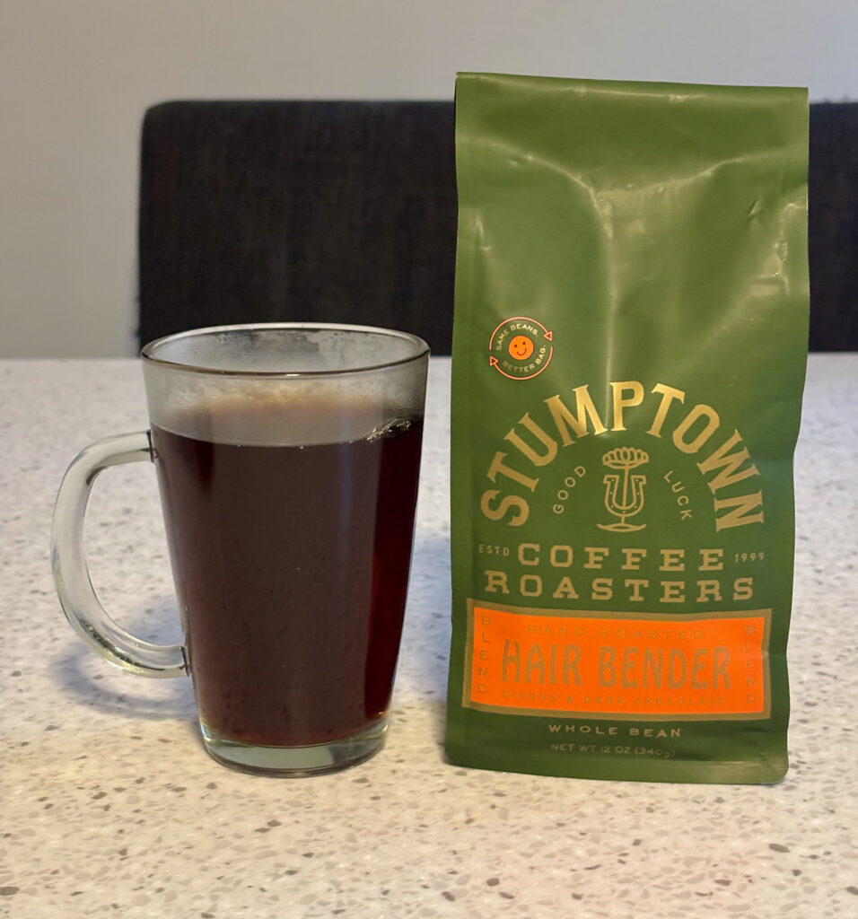 Stumptown Coffee Roasters Hair Bender Review photo showing a brewed cup of dark chocolate and citrus flavored coffee