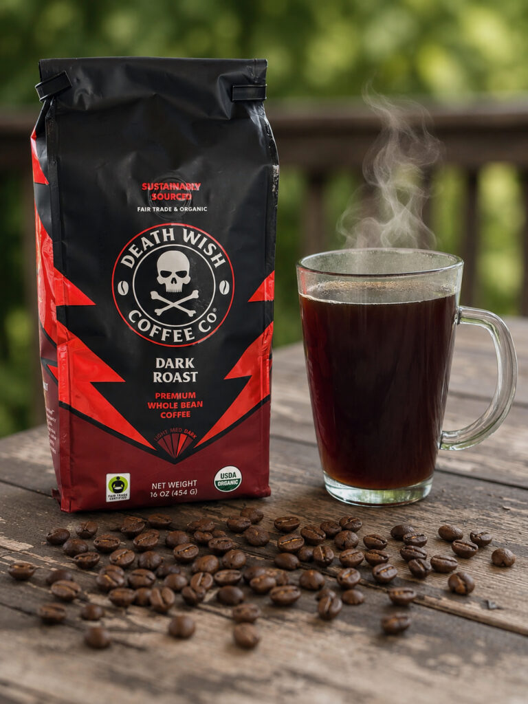 A bag of Death Wish Coffee Dark Roast next to a steaming glass mug of black coffee on a rustic wooden table, surrounded by loose coffee beans. Perfect for a Death Wish Coffee Dark Roast Review.
