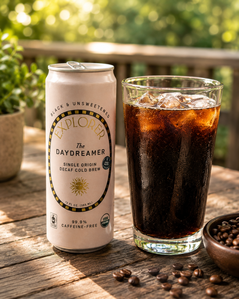 Explorer Coffee The Daydreamer Decaf Cold Brew Review featuring a can of The Daydreamer decaf cold brew beside a glass of iced coffee on a wooden table with a blurred outdoor background.